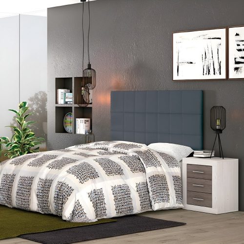 Conjunto dormitorio cabecero pared, polipiel gris, 160 cm, 2 mesitas de noche, blanco con vetas-gris claro - Verona-Dozza