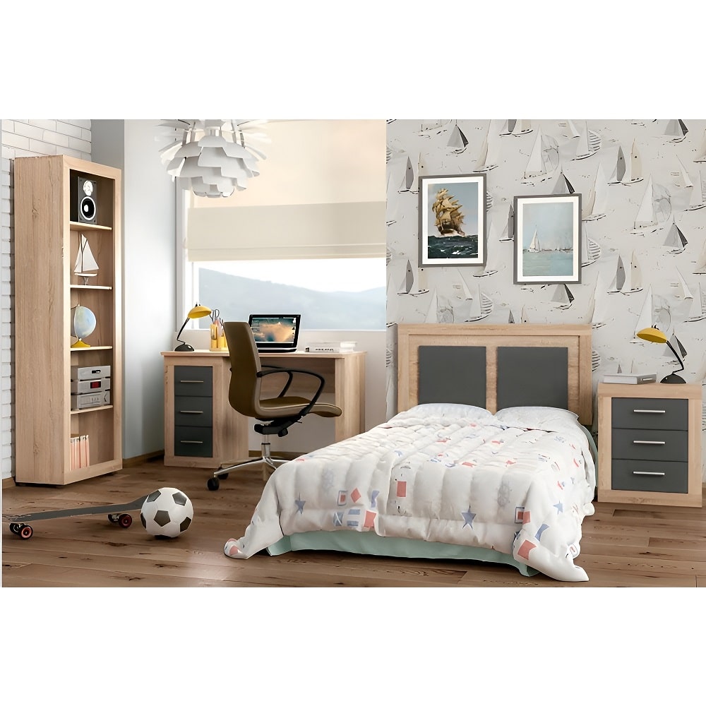 Conjunto de dormitorio juvenil: cama, armario, escritorio PC, mesa de noche  y estanterías - Luddo 18 - Don Baraton: tienda de sofás, colchones y muebles