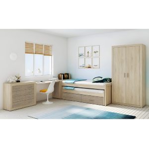 Juego dormitorio juvenil cama nido 90 x 190 más 90 x 180 cm, armario, cómoda, escritorio - Verona