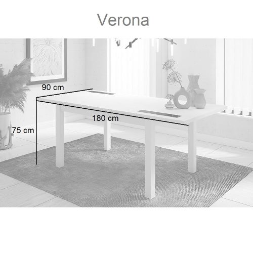 Medidas abierta. Mesa comedor 140 x 90 cm extensible 180 x 90 cm, cristales decorativos - Verona