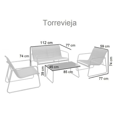 Medidas. Conjunto de jardín, sofá 2 plazas, 2 sillones, mesa centro, negro. - Torrevieja