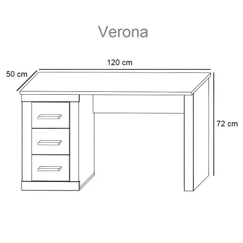 Medidas. Escritorio tres cajones, marco grueso, tiradores grises, 120 cm - Verona