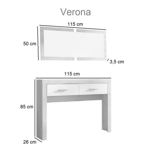 Medidas. Recibidor consola de pie, dos cajones, espejo rectangular colgante - Verona