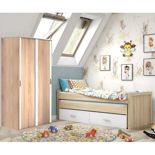 Set dormitorio juvenil cama nido 90 x 190 más 90 x 180 cm, armario puertas correderas, roble-blanco - Verona