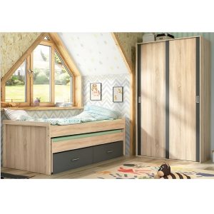 Set dormitorio juvenil cama nido 90 x 190 más 90 x 180 cm, armario puertas correderas, roble-gris - Verona
