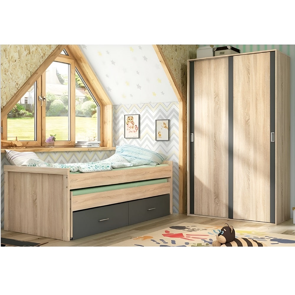 Dormitorio Juvenil cama con contenedor, armario 2 puertas y estante