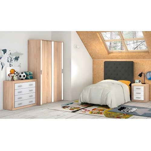Set dormitorio juvenil, cómoda, cabecero 115 cm, mesita noche, armario, roble-blanco - Verona-Ceranova