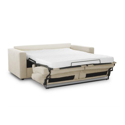 Sofá cama dos plazas, apertura italiana, colchón 18 cm, estructura madera, beige, abierto - Arcetri