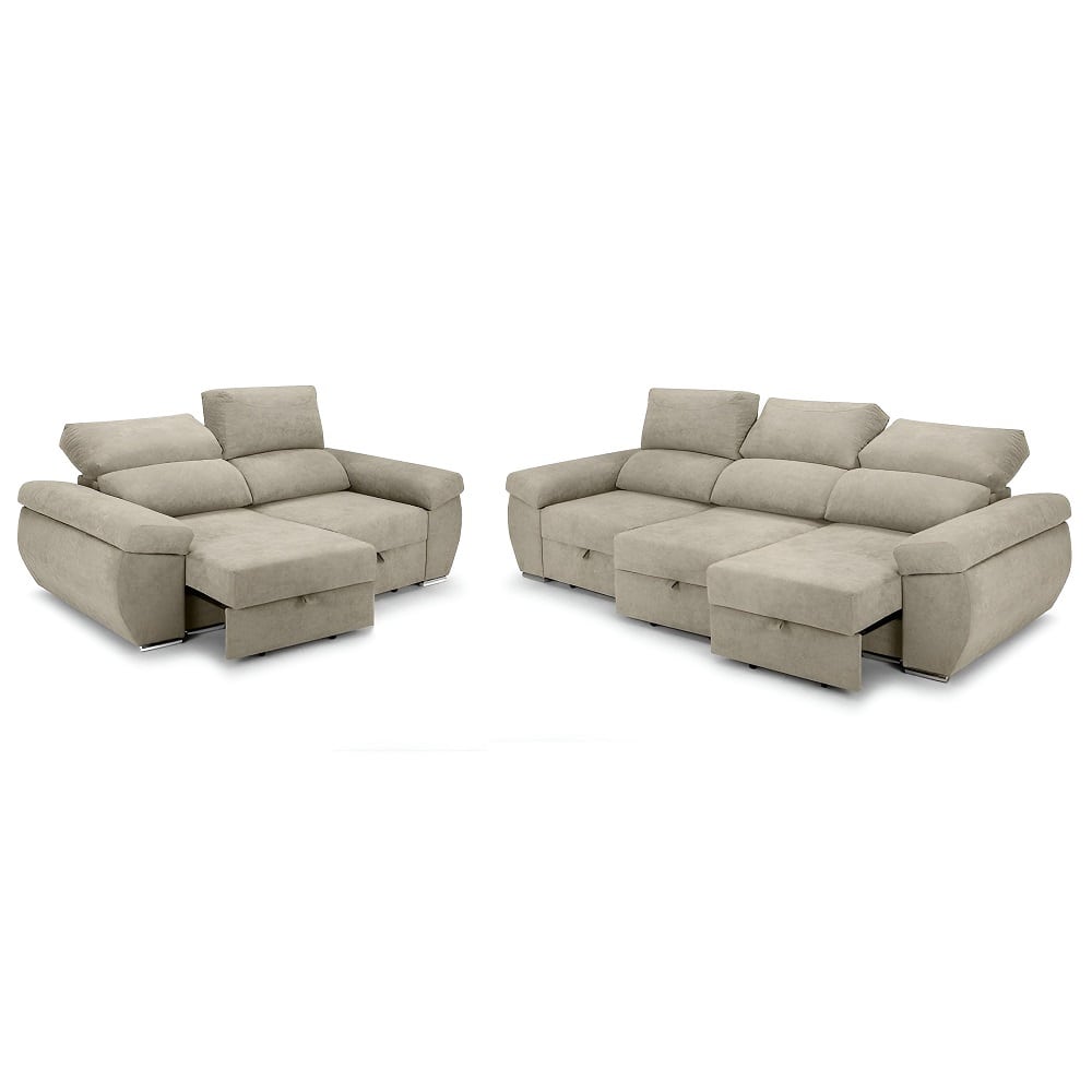 Juego de sofás 2+3 plazas, asientos deslizantes, cabezales reclinables - Lecco Beige