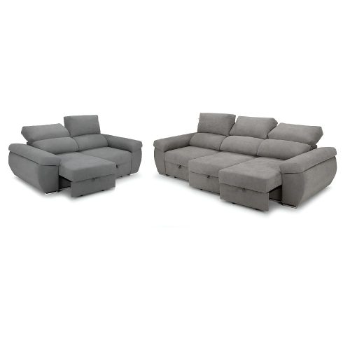 Juego de sofás 2+3 plazas, asientos deslizantes, cabezales reclinables, gris claro - Lecco