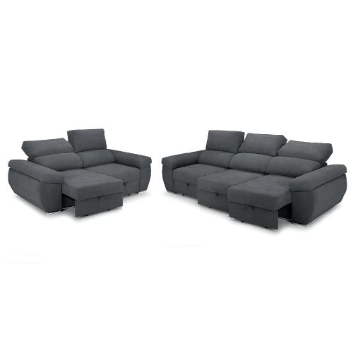 Juego de sofás 2+3 plazas, asientos deslizantes, cabezales reclinables, gris oscuro - Lecco