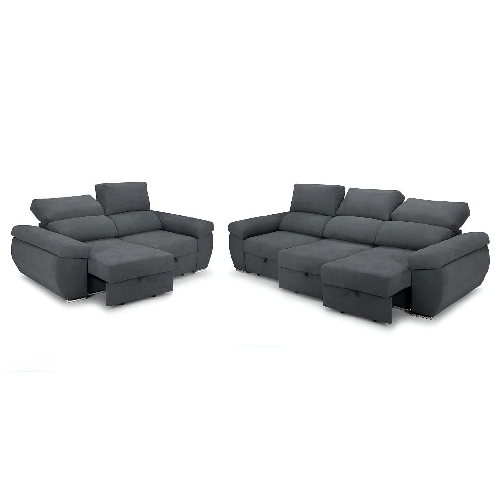 Juego de sofás 2+3 plazas, asientos deslizantes, cabezales reclinables - Lecco Gris oscuro