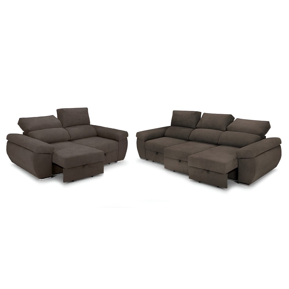 Juego de sofás 2+3 plazas, asientos deslizantes, cabezales reclinables - Lecco Marrón