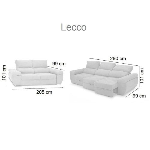Medidas. Juego de sofás 2+3 plazas, asientos deslizantes, cabezales reclinables - Lecco