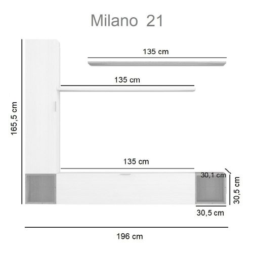 Medidas. Salón mueble bajo 1 puerta, módulo vertical 1 puerta, 2 cubos, 2 repisas colgar - Milano 21