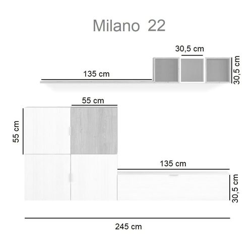 Medidas. Set salón mueble horizontal 1 puerta, 4 cuadrados, 3 cubos, balda - Milano 22