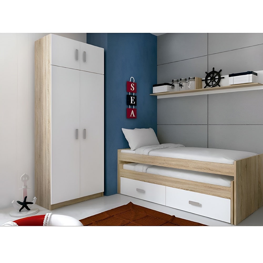 Dormitorio juvenil cama nido 2 cajones, armario con altillo, estante