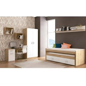 Juego dormitorio cama compacta cajonera, escritorio, armario, estante largo, estantes cuadrados - Niza