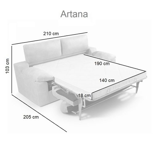 Medidas abierto. Sofá cama apertura italiana, cabezales reclinables, colchón 18 cm - Artana