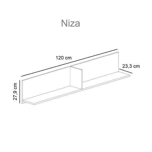 Medidas. Estante largo con respaldo, separador central, 120 cm, blanco-roble - Niza