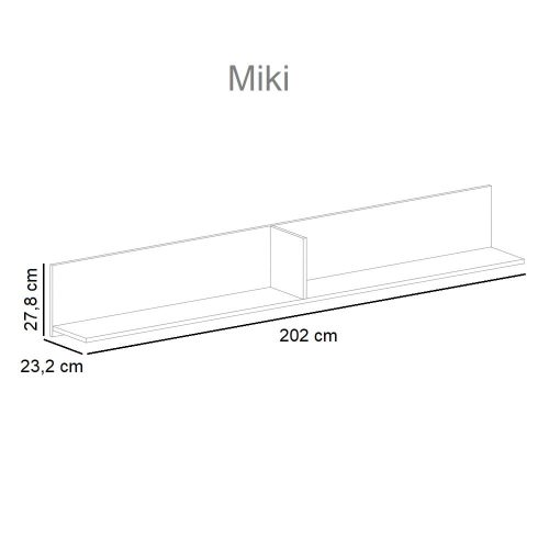 Medidas. Estante de pared largo, 202 cm, panel trasero, 2 secciones - Miki