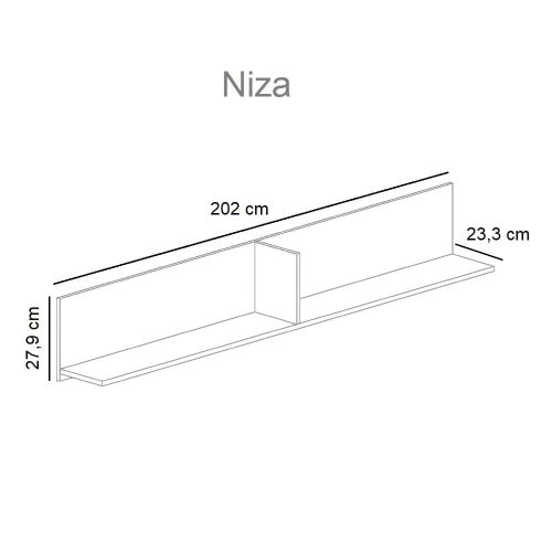 Medidas. Estante rectangular en L para colgar, separador central, 202 cm, blanco-roble - Niza