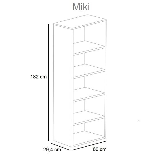 Medidas. Estantería, 5 niveles, ancho 60 cm, alto 182 cm, fondo 29,4 cm - Miki