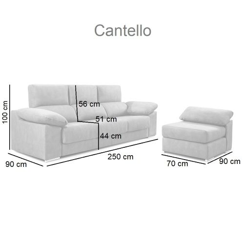 Medidas. Sofá chaise longue partido, pouf con brazo, asientos deslizantes, cabezales reclinables - Cantello