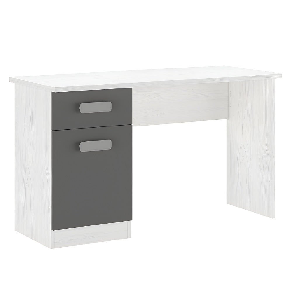Mesa escritorio juvenil, una puerta, un cajón, tiradores anchos - Miki Blanco con vetas / gris