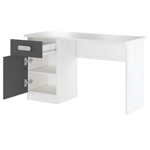Cajón y puerta abiertos. Mesa escritorio juvenil, una puerta, un cajón, blanco con vetas / gris - Miki