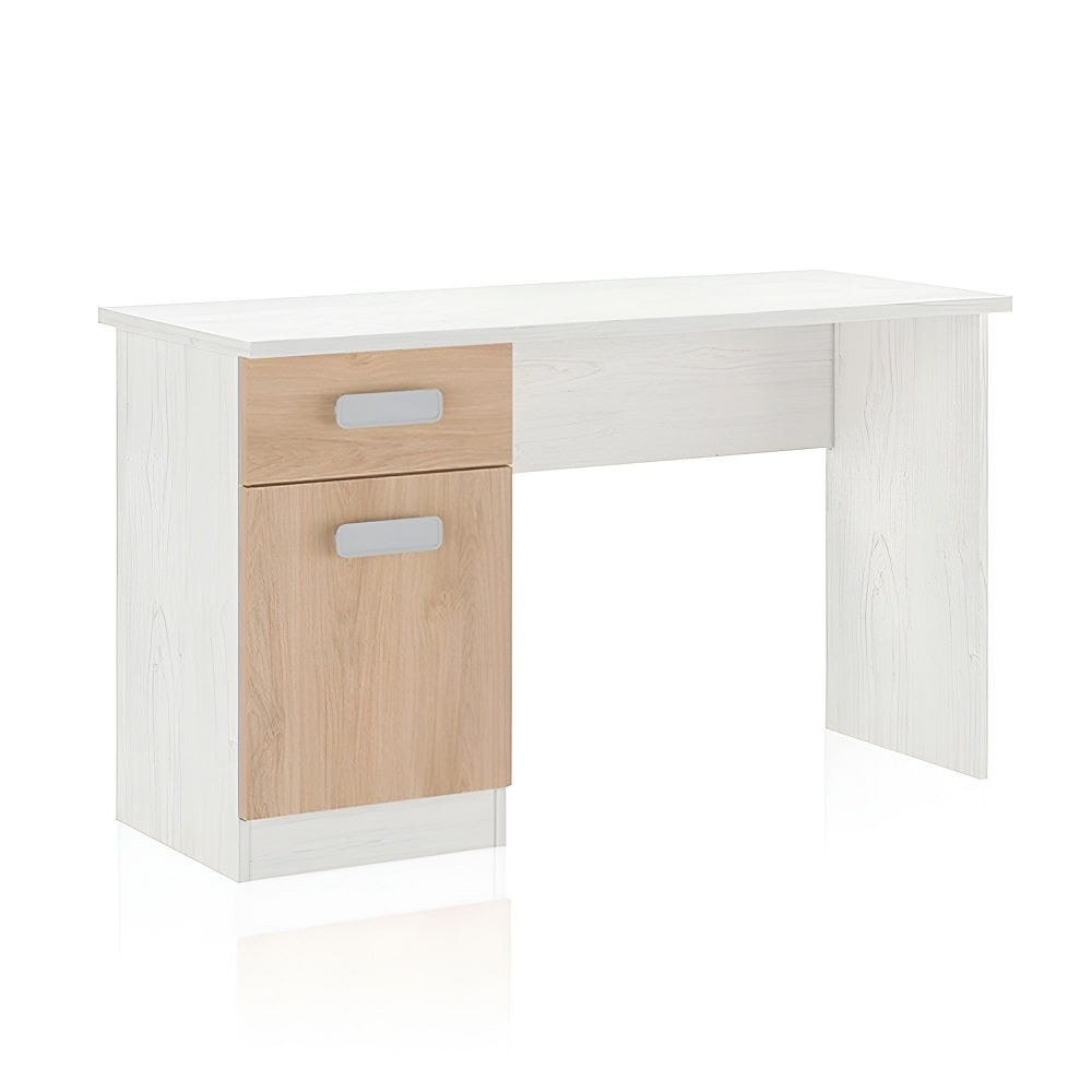 Mesa escritorio juvenil, una puerta, un cajón, tiradores anchos - Miki Blanco con vetas / roble