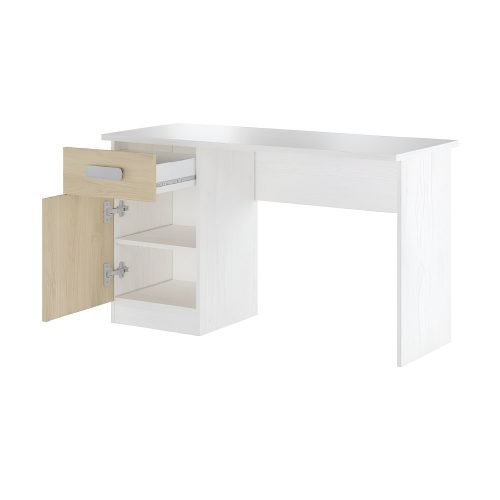 Cajón y puerta abiertos. Mesa escritorio juvenil, una puerta, un cajón, blanco con vetas / roble - Miki