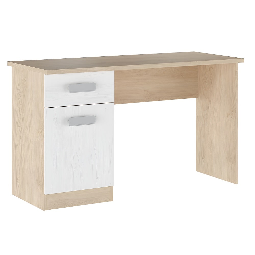 Mesa escritorio juvenil, una puerta, un cajón, tiradores anchos - Miki Roble / blanco con vetas