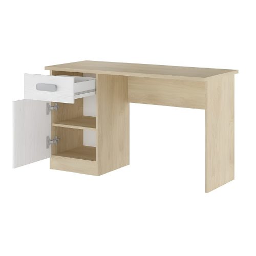Cajón y puerta abiertos. Mesa escritorio juvenil, una puerta, un cajón, roble / blanco con vetas - Miki