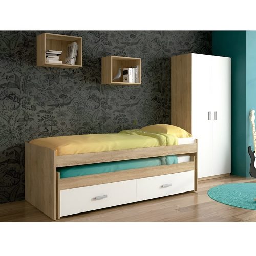 Set dormitorio juvenil cama compacta nido con cajonera, armario, estantes cubos - Niza