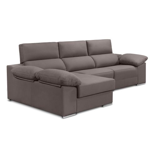 Sofá chaise longue, 2 asientos relax motorizados, arcón, cabezales reclinables, marrón grisáceo - Ripoli