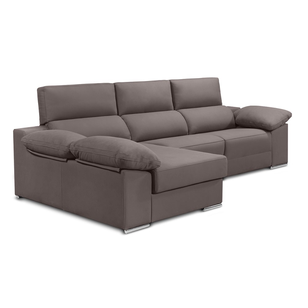 Sofá chaise longue, 2 asientos relax motorizados, arcón, cabezales reclinables - Ripoli Marrón grisáceo, hilo beige Izquierdo