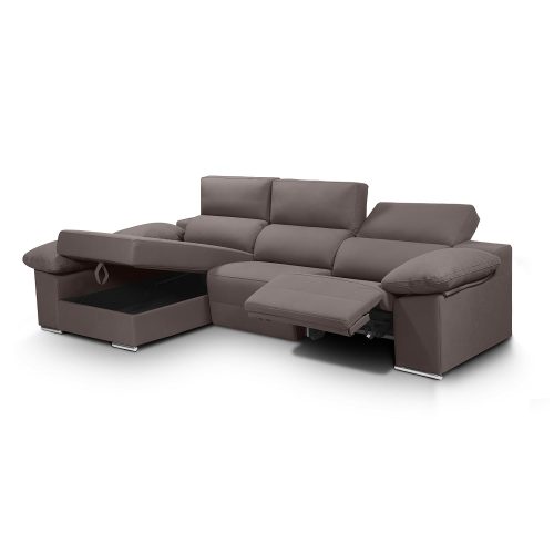 Sofá chaise longue, 2 asientos relax motorizados, arcón, cabezales reclinables, marrón grisáceo, abierto - Ripoli