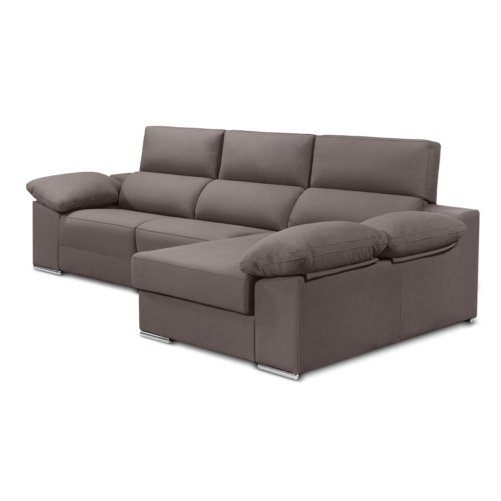 Sofá chaise longue, 2 asientos relax motorizados, arcón, cabezales reclinables - Ripoli Marrón grisáceo, hilo beige Derecho