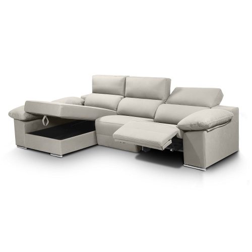 Sofá chaise longue, 2 asientos relax motorizados, arcón, cabezales reclinables, plata, abierto - Ripoli