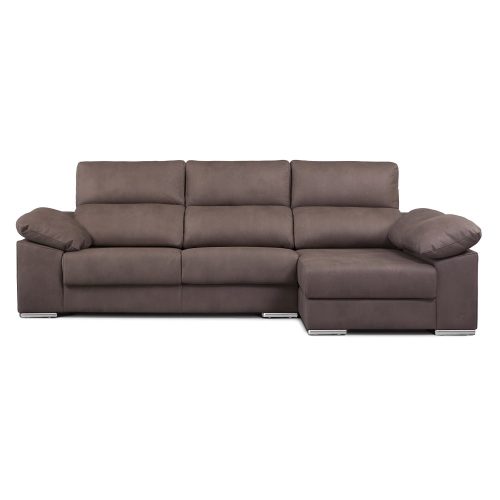 Sofá chaise longue, 3 plazas, arcón, asientos deslizantes, cabezales reclinables, frontal, marrón grisaceo - Cantello