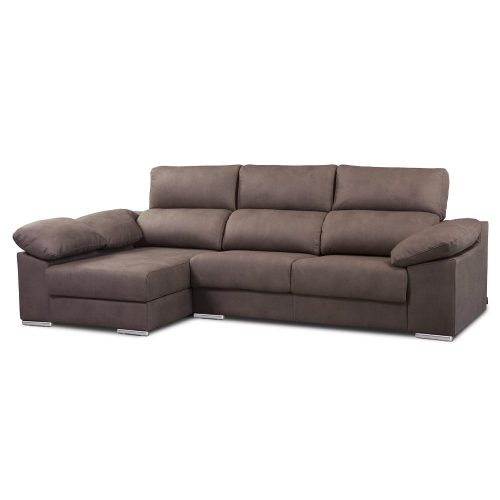 Sofá chaise longue, 3 plazas, arcón, asientos deslizantes, cabezales reclinables, marrón grisaceo, izquierdo - Cantello