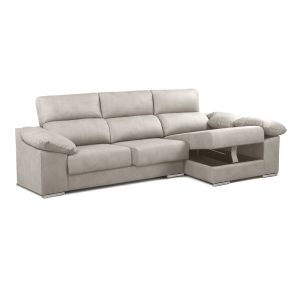 Sofá chaise longue, 3 plazas, arcón, asientos deslizantes, cabezales reclinables, plata, abierto - Cantello