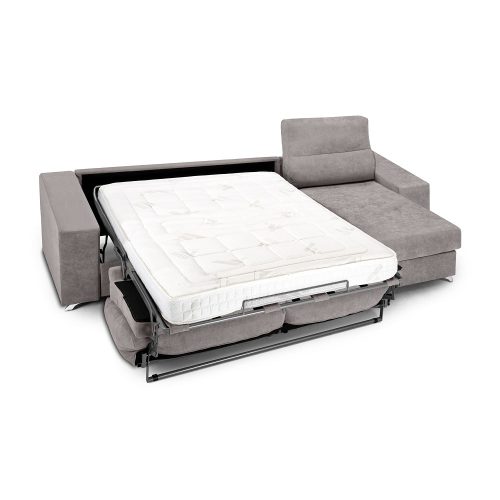 Sofá chaise longue, 3 plazas, cama apertura italiana, colchón 12 cm, arcón, gris claro, abierto. - Varese