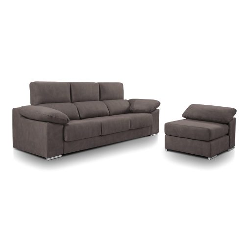 Sofá chaise longue partido, pouf con brazo, asientos deslizantes, cabezales reclinables, marrón grisáceo, pouf - Cantello