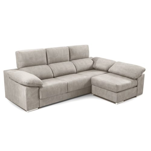 Sofá chaise longue partido, pouf con brazo, asientos deslizantes, cabezales reclinables, plata - Cantello