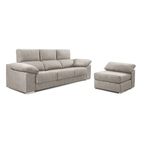 Sofá chaise longue partido, pouf con brazo, asientos deslizantes, cabezales reclinables, plata, pouf - Cantello