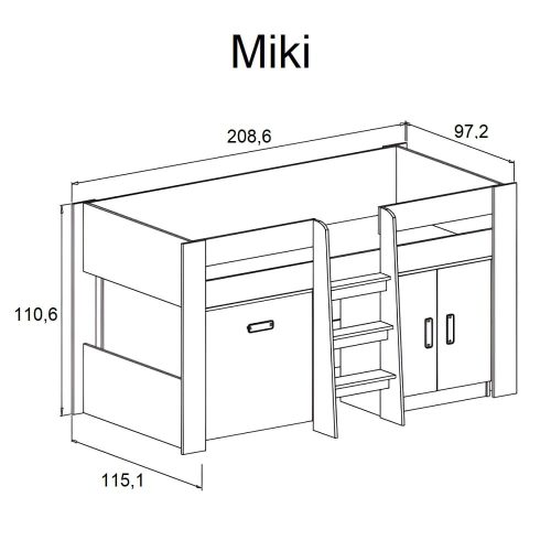 Medidas. Cama alta con escritorio, armario - Miki