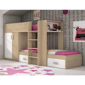 Miki Kids' Offset Bunk Bed in Oak and White — featuring 2 single beds (90 x 190 cm), an integrated wardrobe, and 2 under-bed storage drawers
