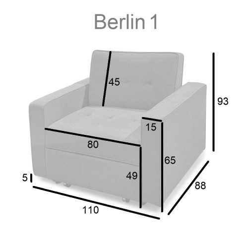 Medidas sillón (posición cerrada). Sofá cama individual, 1 plaza. Berlin